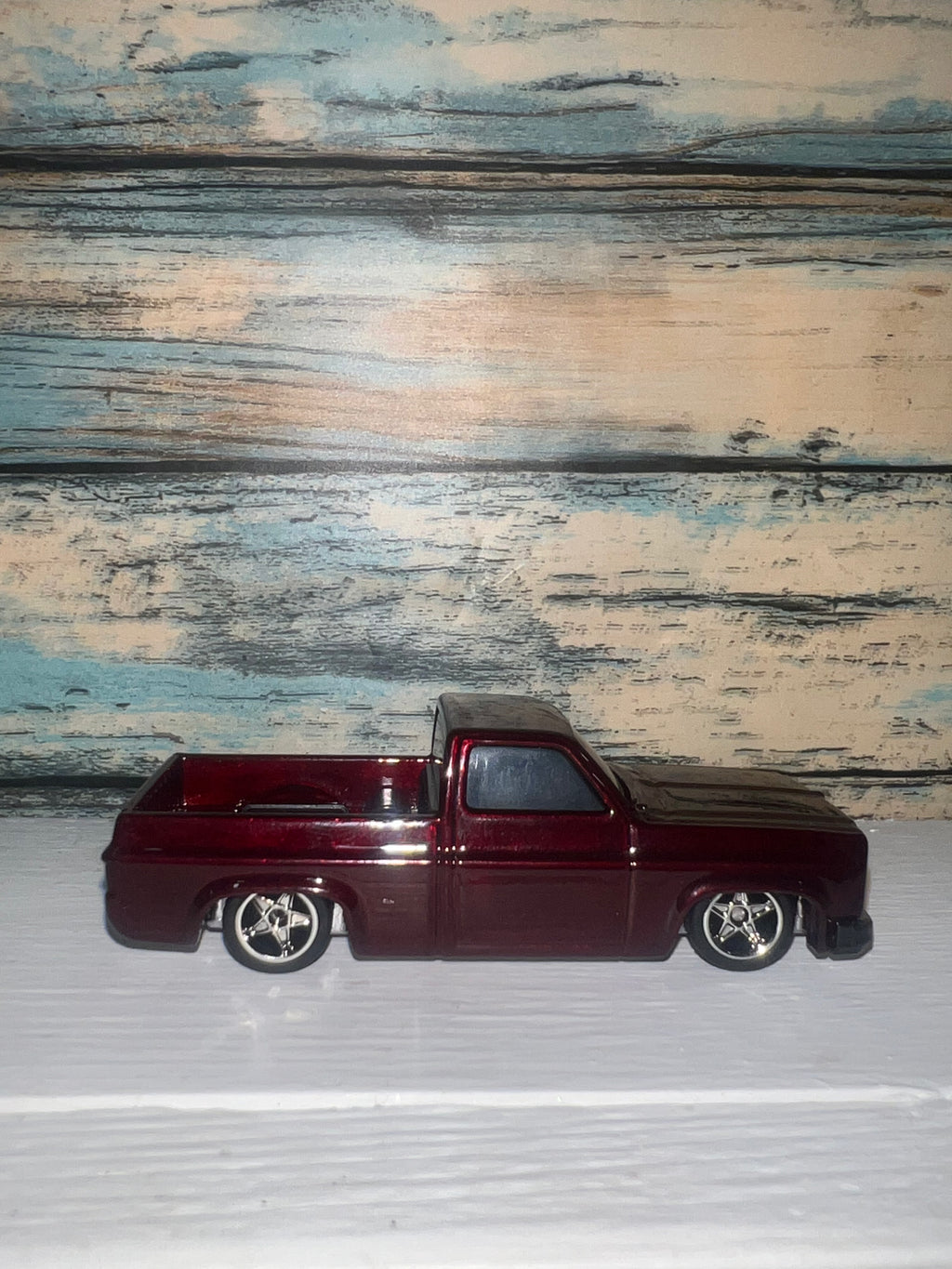 Custom Lowered 1983 Chevrolet Silverado Squarebody Pickup | Burgundy | 1:64 Scale Diecast