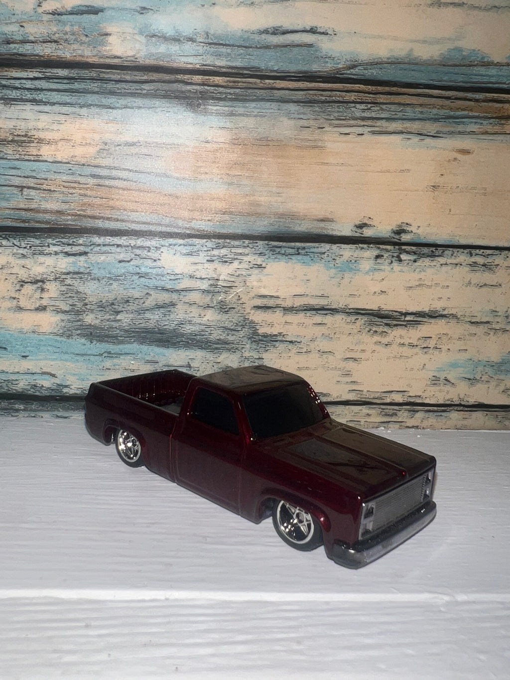 Custom Lowered 1983 Chevrolet Silverado Squarebody Pickup | Burgundy | 1:64 Scale Diecast