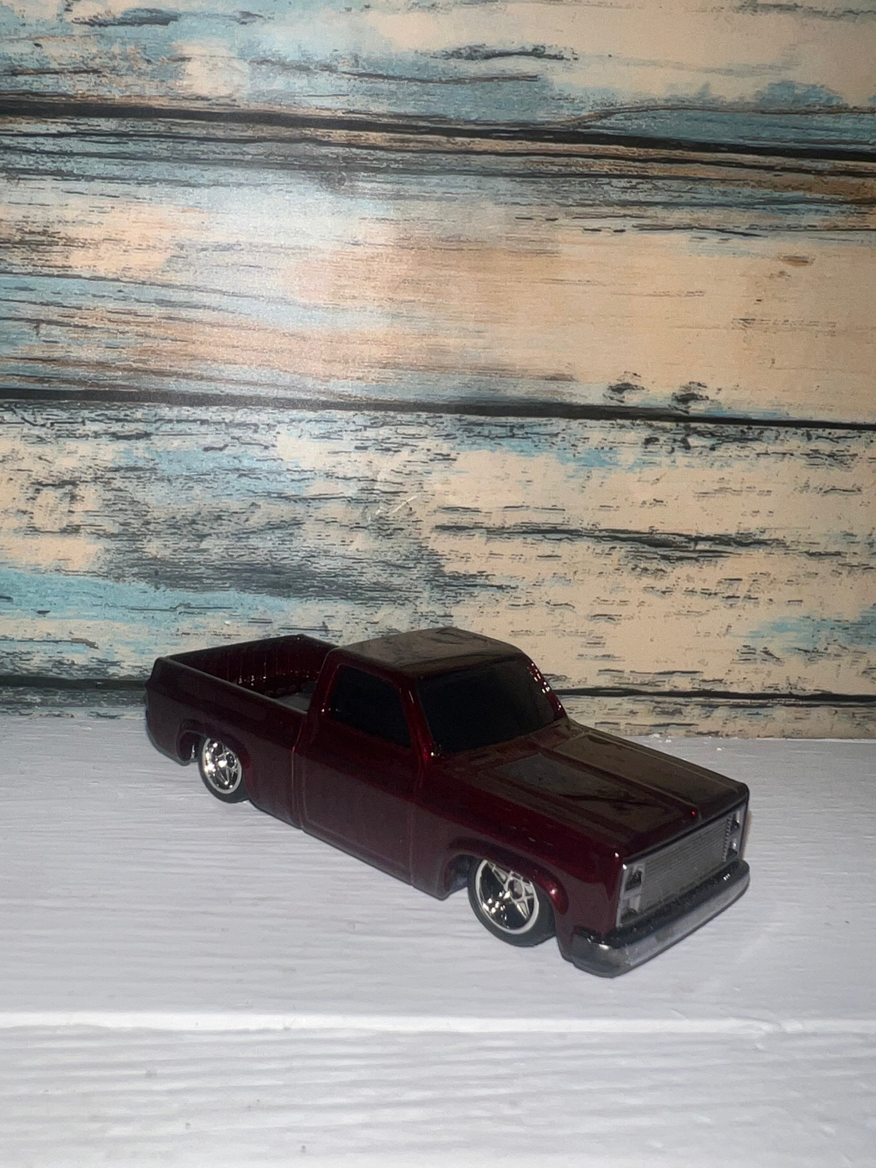 Custom Lowered 1983 Chevrolet Silverado Squarebody Pickup | Burgundy | 1:64 Scale Diecast