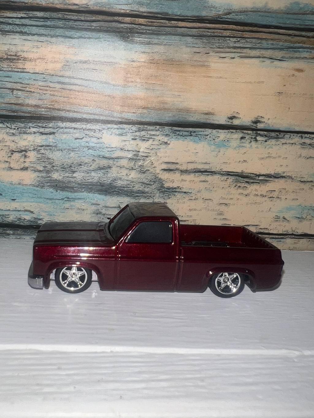 Custom Lowered 1983 Chevrolet Silverado Squarebody Pickup | Burgundy | 1:64 Scale Diecast