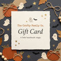 The Crafty Family Co. digital gift card with handmade-style pumpkins, friendly ghosts, and cream paper textures.